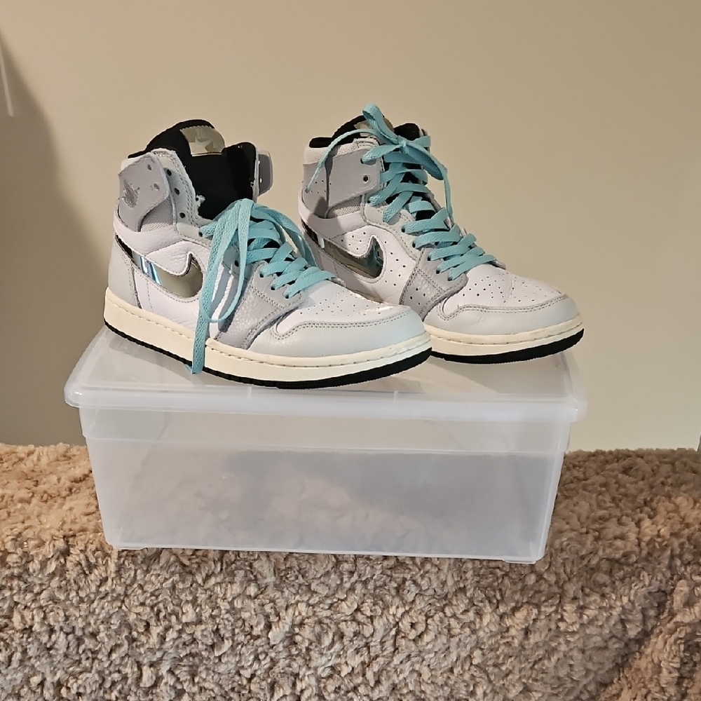 Nike Women's High-Top Sneakers in White, Light Blue, and Silver